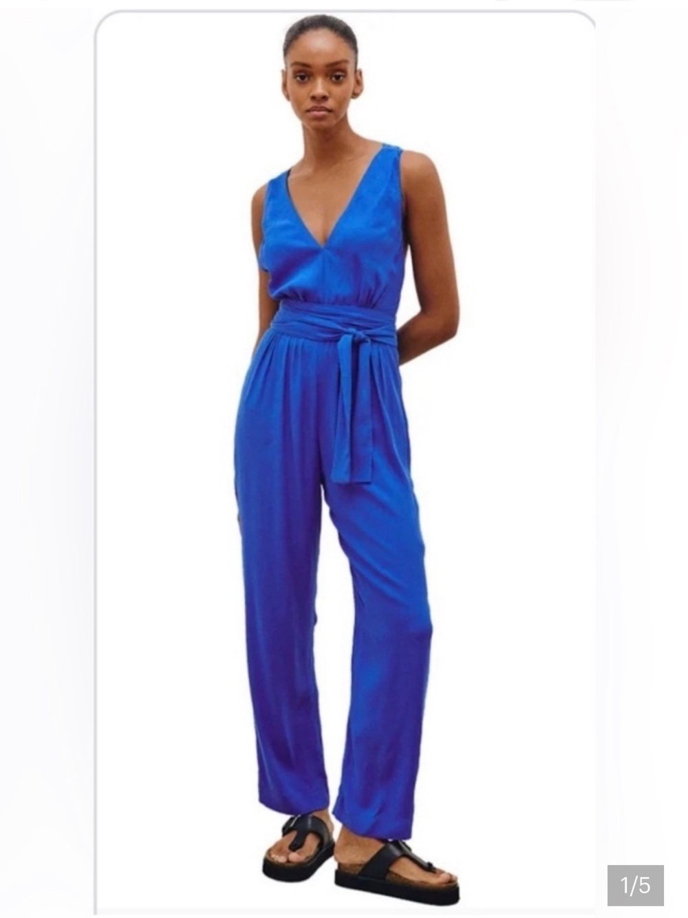 Vix Paula Hermanny Sleeveless V-Neck Belted Jumpsuit in Blue NWT